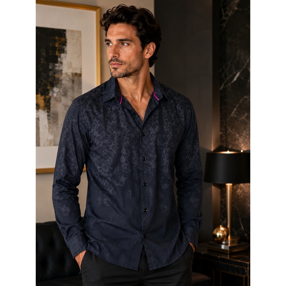 Bertigo Black Tonal Scroll Print Cotton Button Up Shirt XL